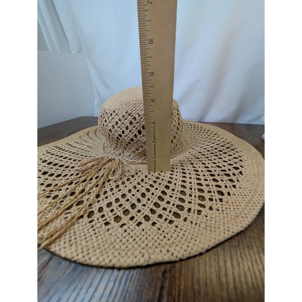 Marcus Adler Wide Brim Straw Sun Hat Open Weave Floppy Beach Boho Bow Tan OS EUC